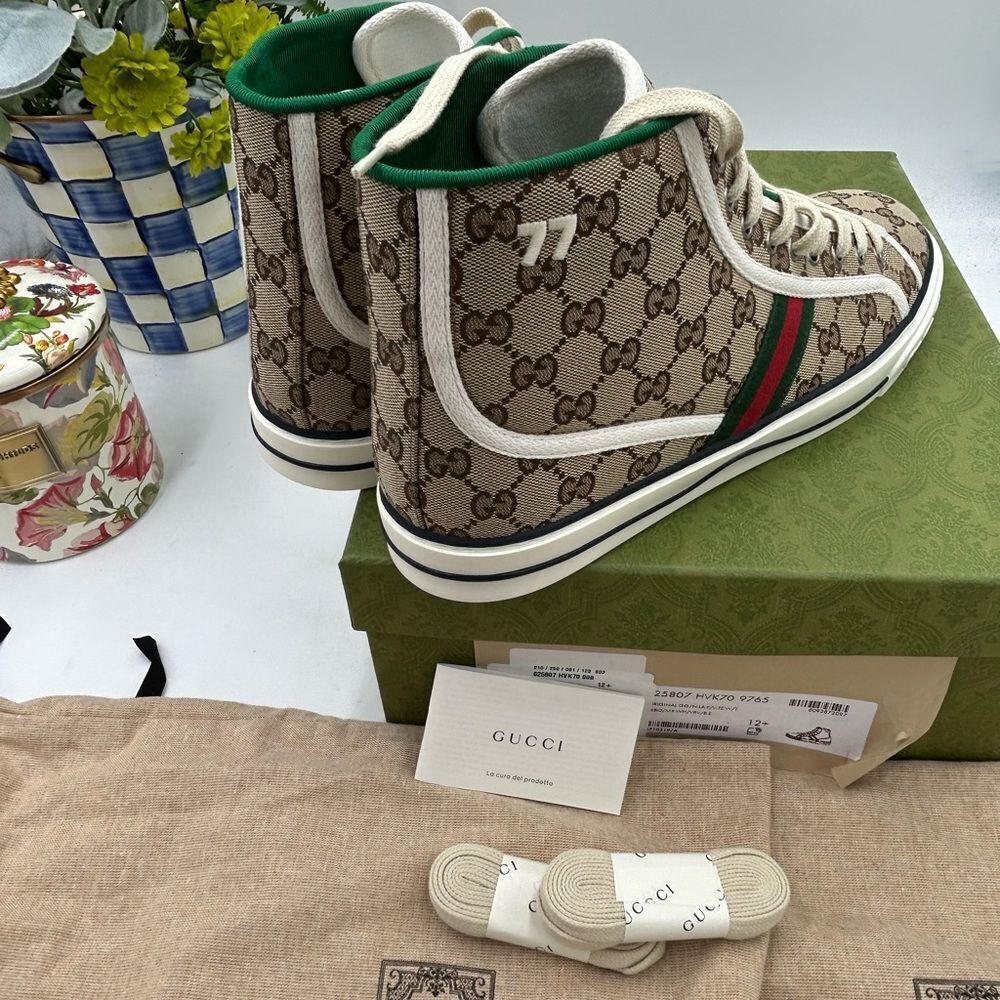 Men's Gucci tennis 1977 high top sneakers size 12.5 made in Italy - Picture 6 of 10